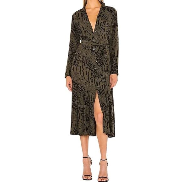 Rails Dress Womens Medium Beatrice Olive Mixed Animal Stripe Midi Button Front - Picture 1 of 12